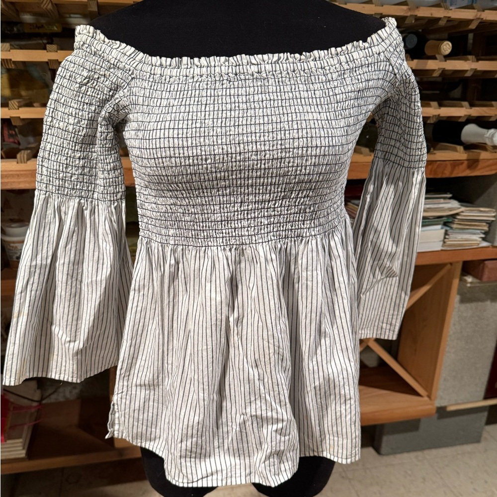 LOFT White and‎ Black Striped Smocked Off-the-Shoulder Peplum Top